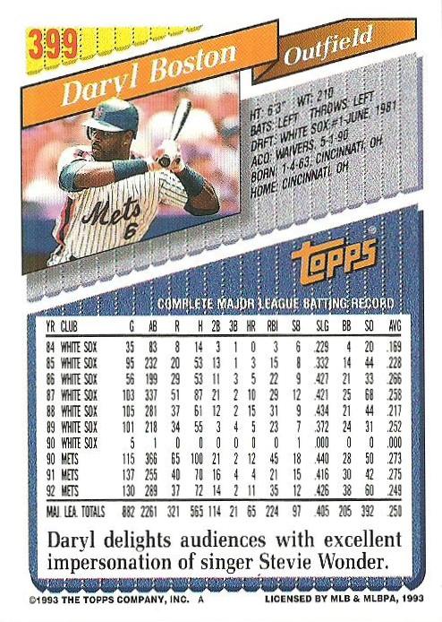 Daryl Boston  baseball card collectible - Main Image 2