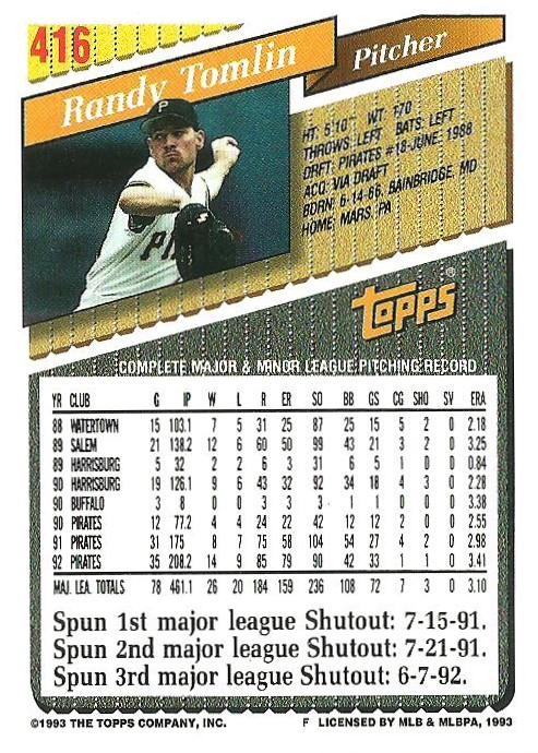 Randy Tomlin  baseball card collectible - Main Image 2