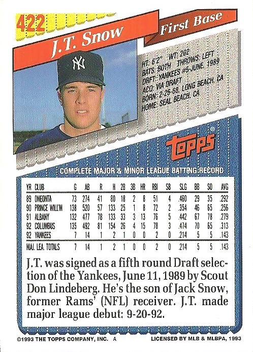 J.T. Snow  baseball card collectible - Main Image 2