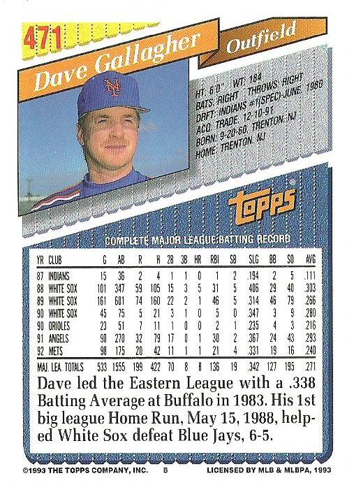 Dave Gallagher  baseball card collectible - Main Image 2