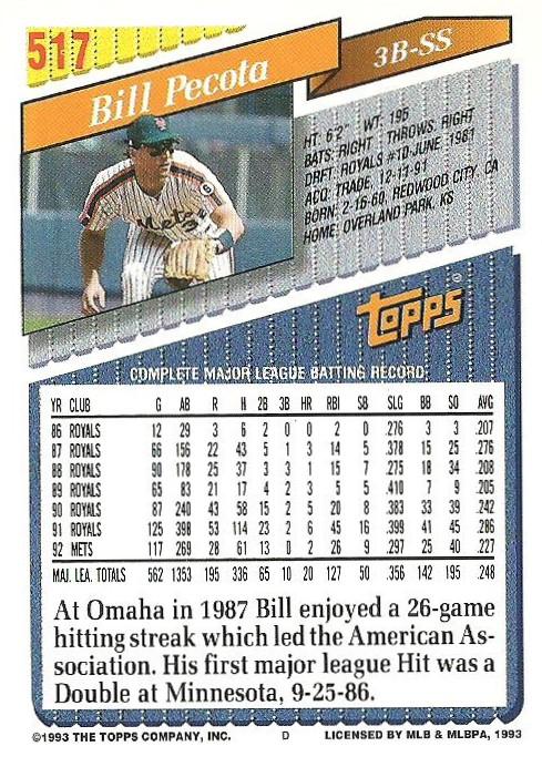 Bill Pecota  baseball card collectible - Main Image 2