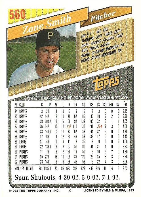 Zane Smith  baseball card collectible - Main Image 2