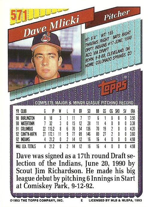 Dave Mlicki  baseball card collectible - Main Image 2