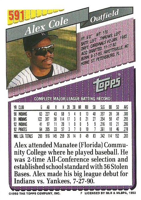 Alex Cole  baseball card collectible - Main Image 2
