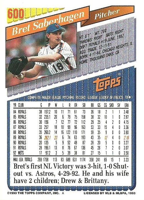 Bret Saberhagen  baseball card collectible - Main Image 2