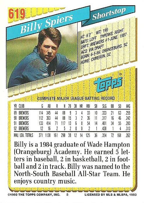 Billy Spiers  baseball card collectible - Main Image 2