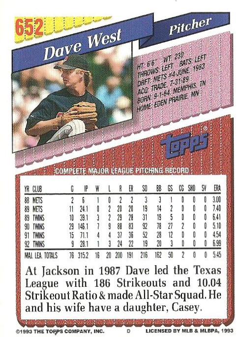 Dave West  baseball card collectible - Main Image 2