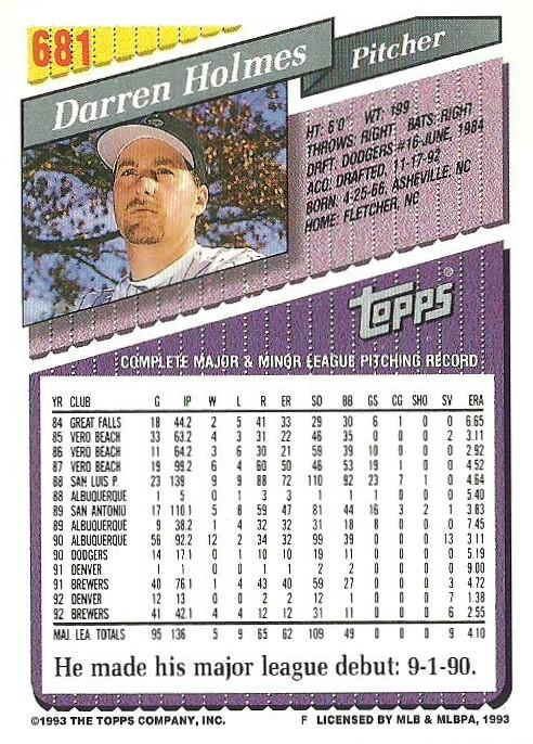 Darren Holmes  baseball card collectible - Main Image 2