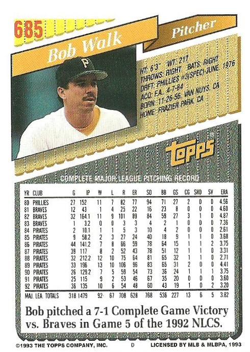 Bob Walk  baseball card collectible - Main Image 2