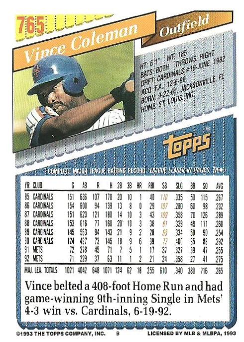 Vince Coleman  baseball card collectible - Main Image 2