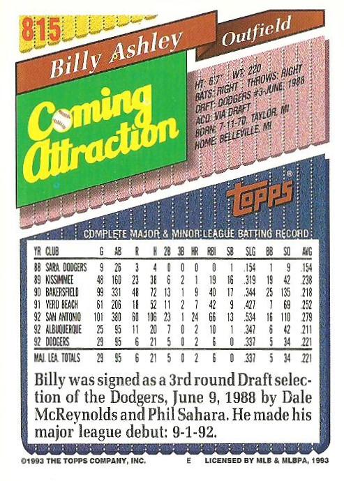 Billy Ashley  baseball card collectible - Main Image 2