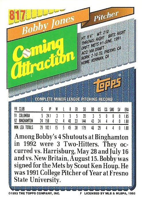 Bobby Jones  baseball card collectible - Main Image 2