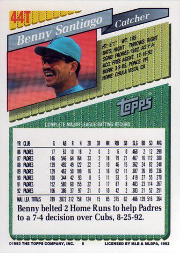 Benny Santiago  baseball card collectible - Main Image 2