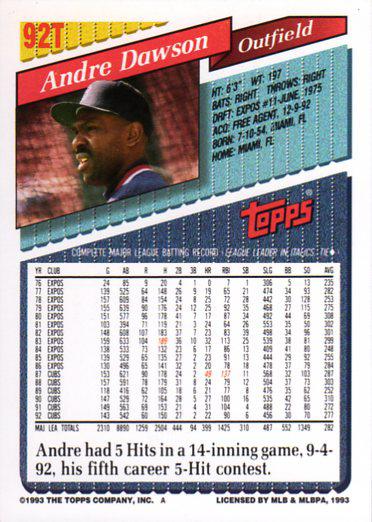 Andre Dawson  baseball card collectible - Main Image 2