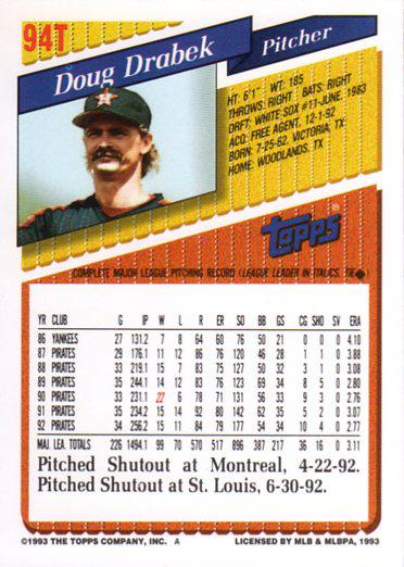 Doug Drabek  baseball card collectible - Main Image 2