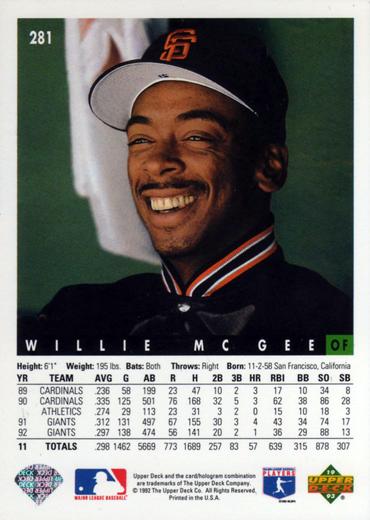 Willie McGee  baseball card collectible - Main Image 2