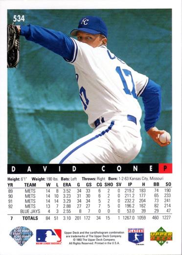 David Cone  baseball card collectible - Main Image 2