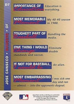 Jose Canseco  baseball card collectible - Main Image 2