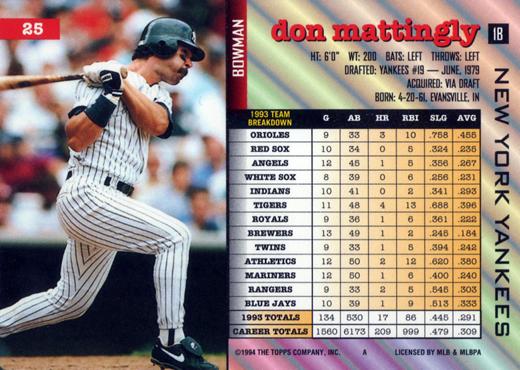 Don Mattingly  baseball card collectible - Main Image 2