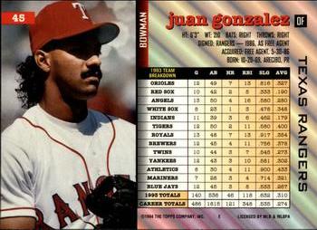 Juan Gonzalez  baseball card collectible - Main Image 2