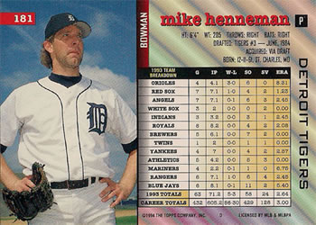Mike Henneman  baseball card collectible - Main Image 2