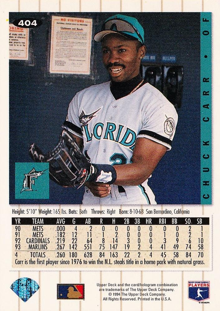 Chuck Carr  baseball card collectible - Main Image 2