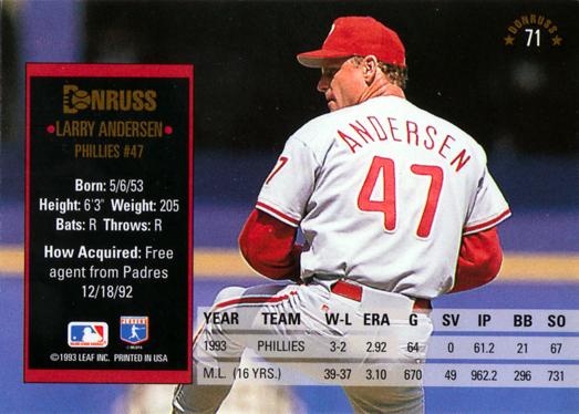 Larry Andersen  baseball card collectible - Main Image 2