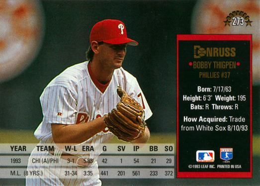 Bobby Thigpen  baseball card collectible - Main Image 2