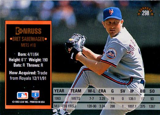 Bret Saberhagen  baseball card collectible - Main Image 2