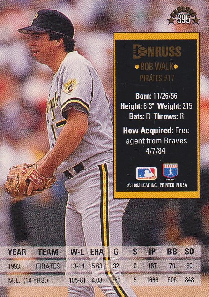 Bob Walk  baseball card collectible - Main Image 2