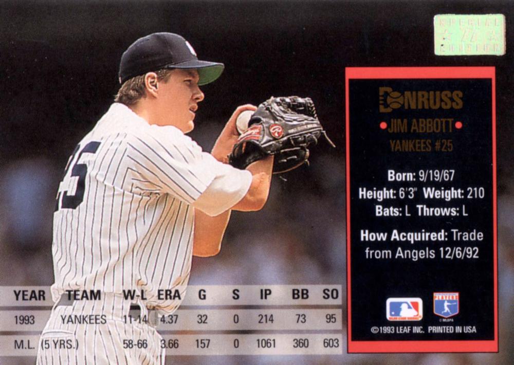Jim Abbott  baseball card collectible - Main Image 2