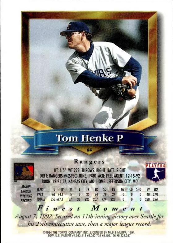 Tom Henke  baseball card collectible - Main Image 2