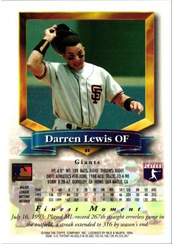 Darren Lewis  baseball card collectible - Main Image 2