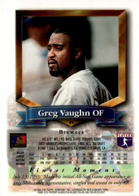 Greg Vaughn  baseball card collectible - Main Image 2