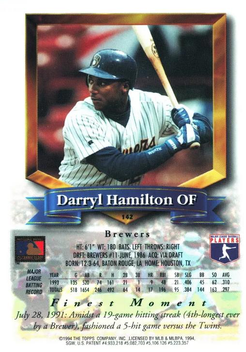 Darryl Hamilton  baseball card collectible - Main Image 2