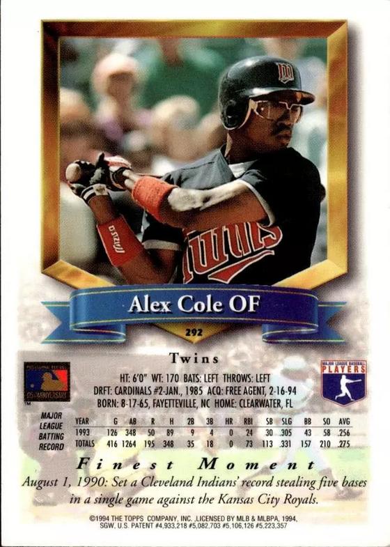 Alex Cole  baseball card collectible - Main Image 2