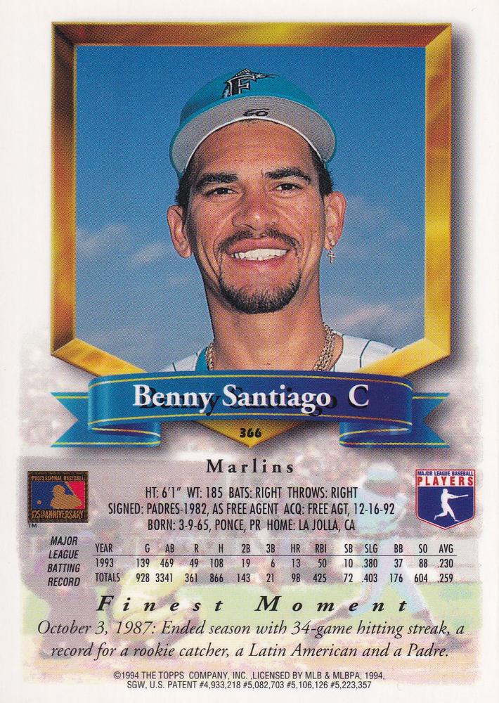 Benny Santiago  baseball card collectible - Main Image 2