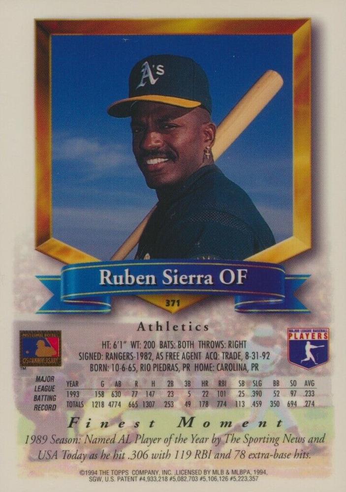 Ruben Sierra  baseball card collectible - Main Image 2