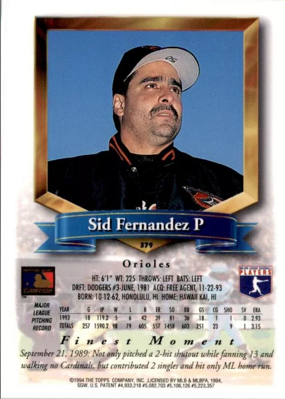 Sid Fernandez  baseball card collectible - Main Image 2