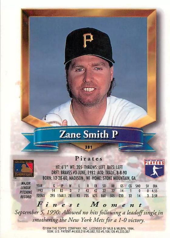 Zane Smith  baseball card collectible - Main Image 2