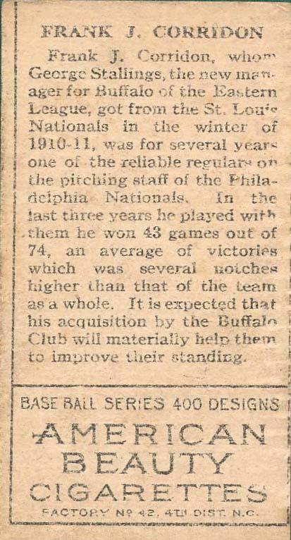 Frank J. Corridon  baseball card collectible - Main Image 2