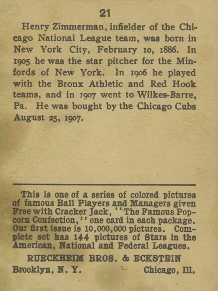 Heinie Zimmerman  baseball card collectible - Main Image 2