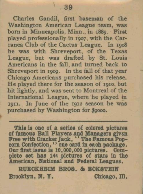 Chick Gandil  baseball card collectible - Main Image 2