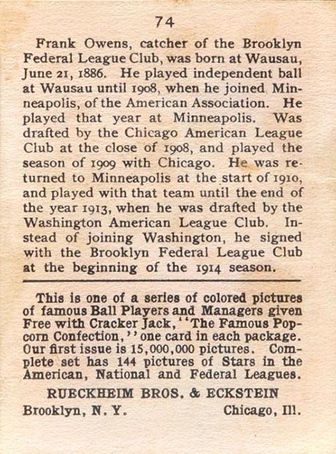 Frank Owens  baseball card collectible - Main Image 2