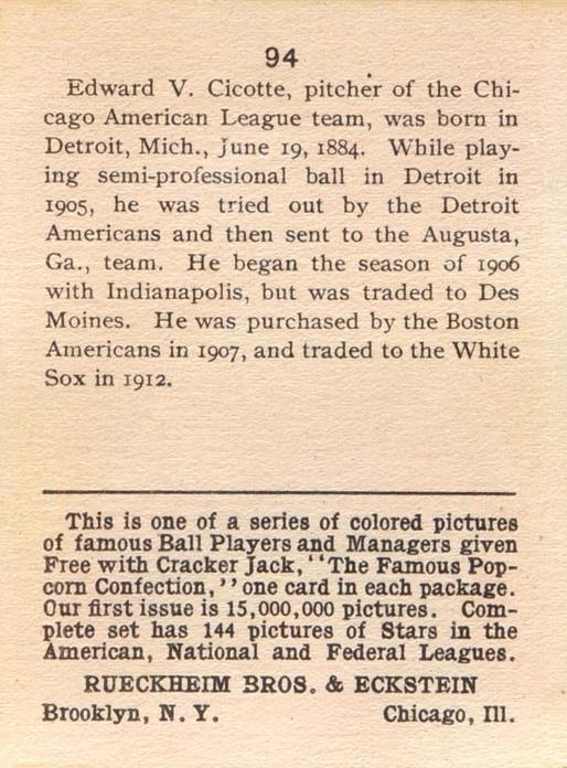 Eddie Cicotte  baseball card collectible - Main Image 2