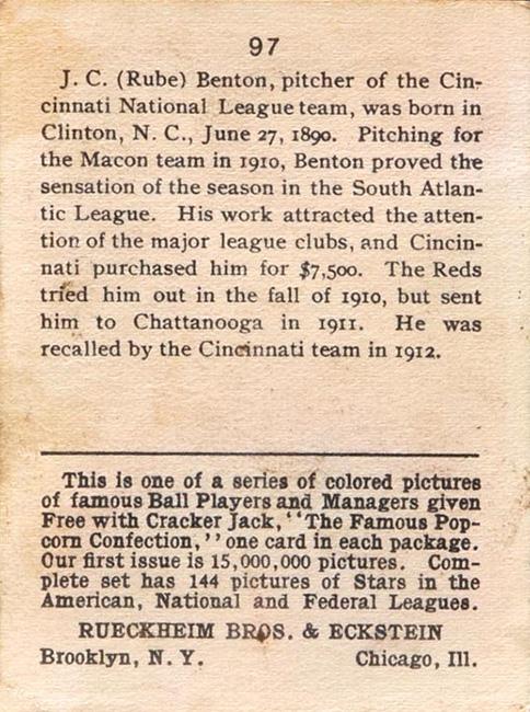 Rube Benton  baseball card collectible - Main Image 2