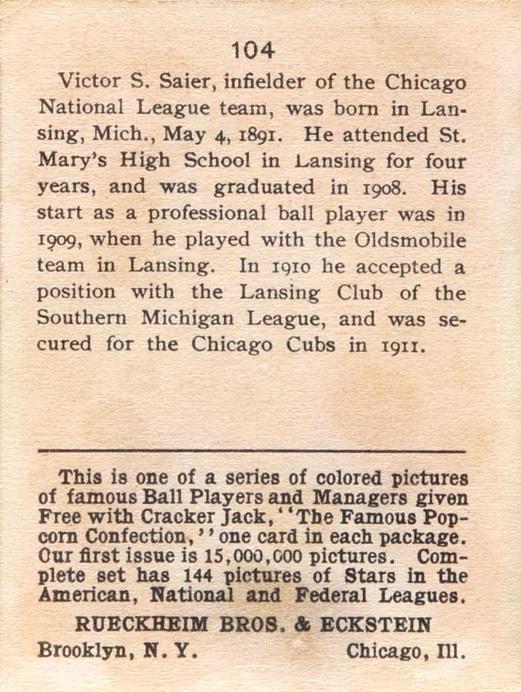 Vic Saier  baseball card collectible - Main Image 2