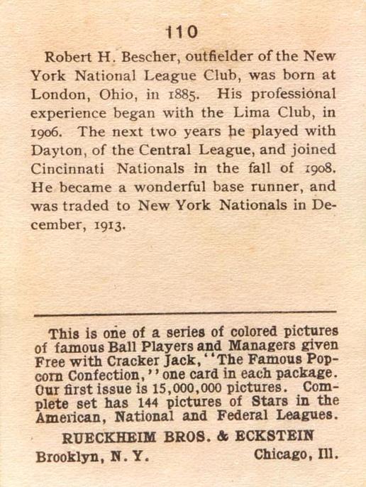 Bob Bescher  baseball card collectible - Main Image 2