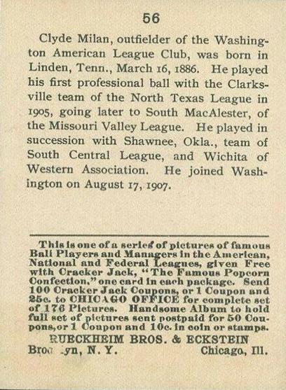 Clyde Milan  baseball card collectible - Main Image 2