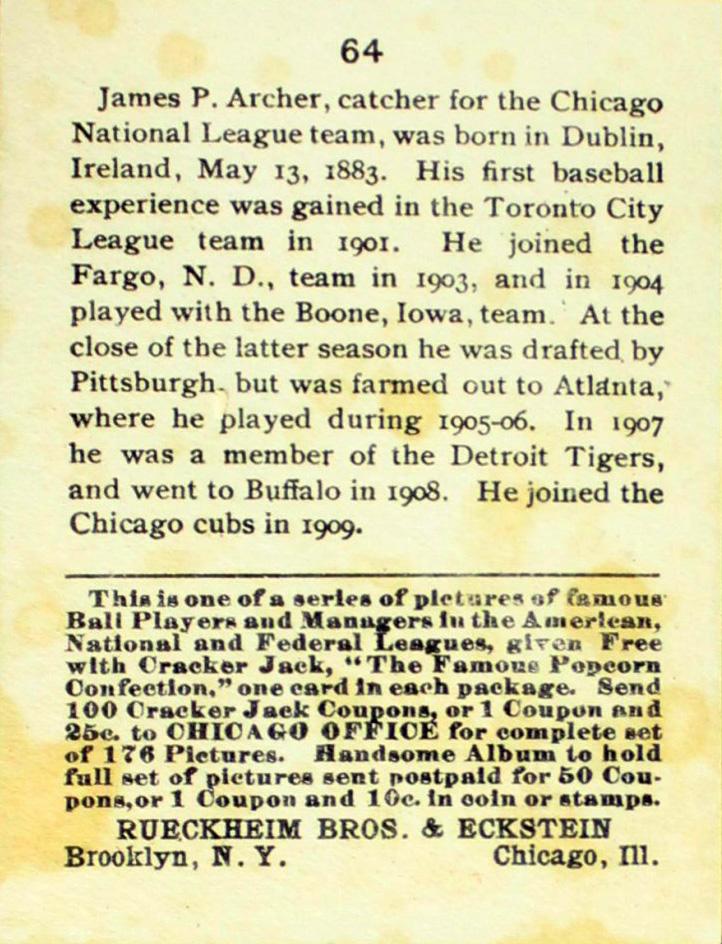 Jimmy Archer  baseball card collectible - Main Image 2